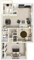 Floor plan for 2 beds, 1 bath, 1019 sqft